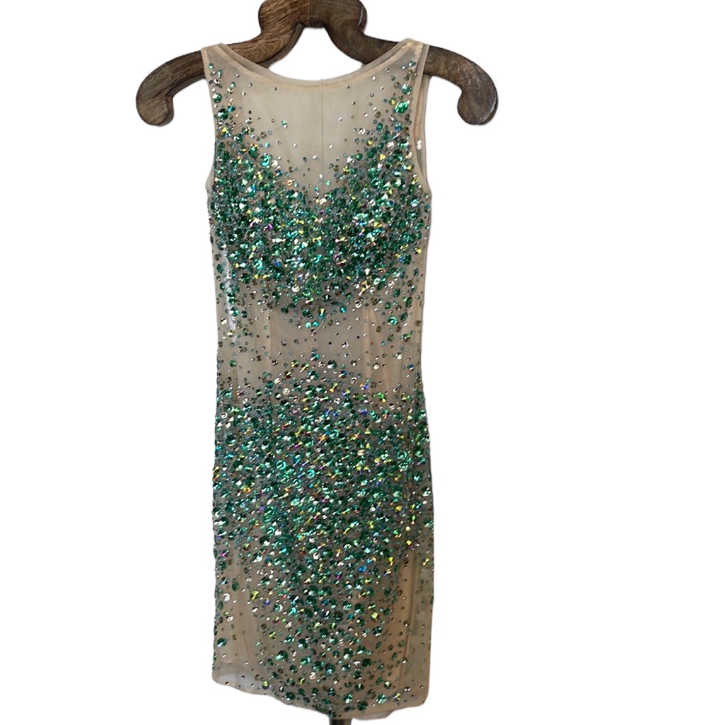 Stunning Macduggal Nude With Iridescent And Aqua Rhinestones - Size 0